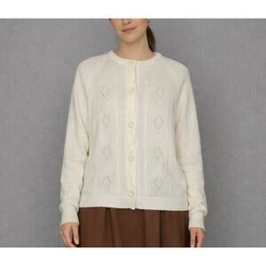 Vintage Hand Loomed Knit Cream Cableknit Cardigan Sweater Womens Large Classic